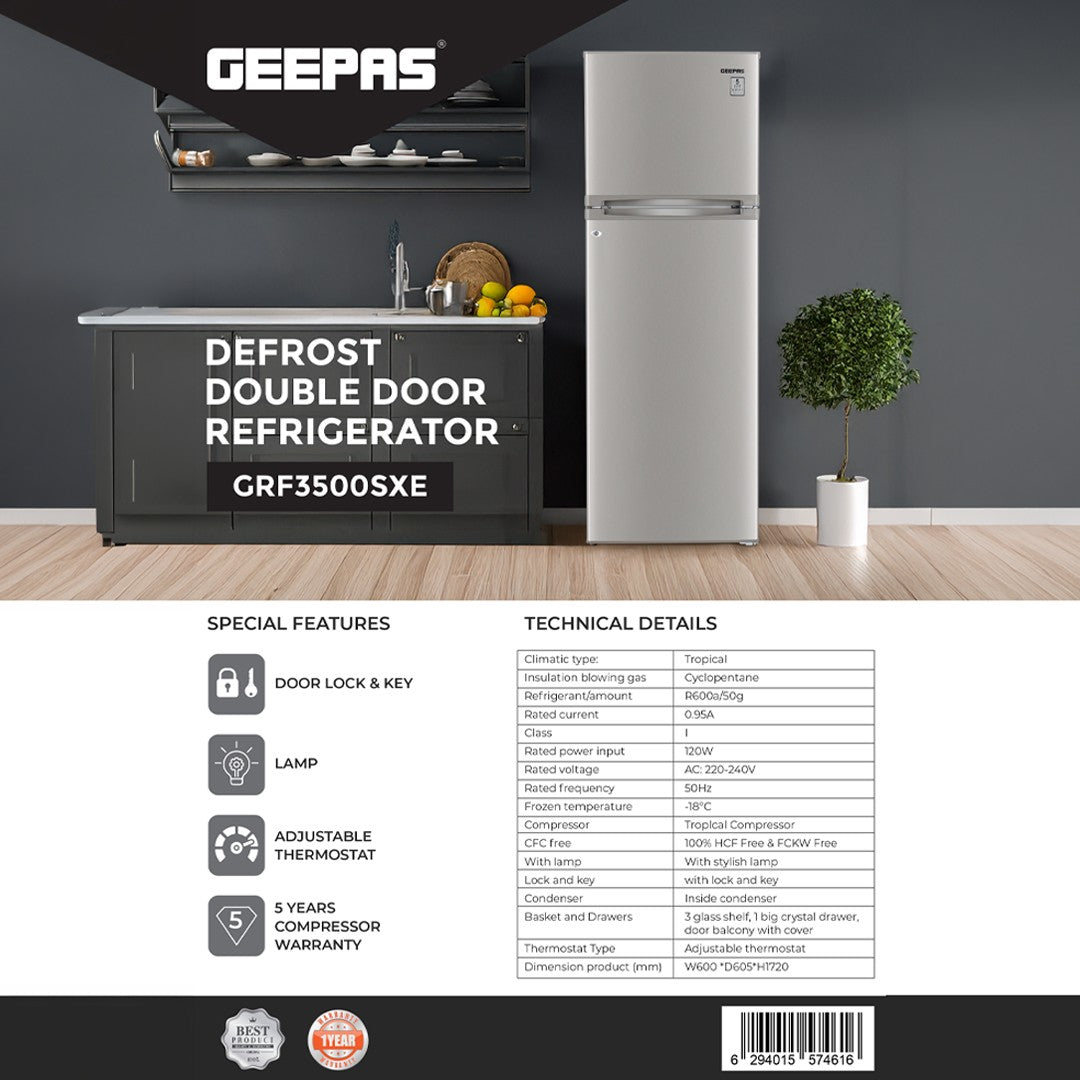 Geepas GRF3500SXE Defrost Double Door Refrigerator | Fast Cooling |Adjustable Thermostat | Adjustable thermostat  | Stylish interior lamp | Eco-friendly R600a refrigerant
