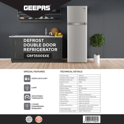 Geepas GRF3500SXE Defrost Double Door Refrigerator | Fast Cooling |Adjustable Thermostat | Adjustable thermostat  | Stylish interior lamp | Eco-friendly R600a refrigerant