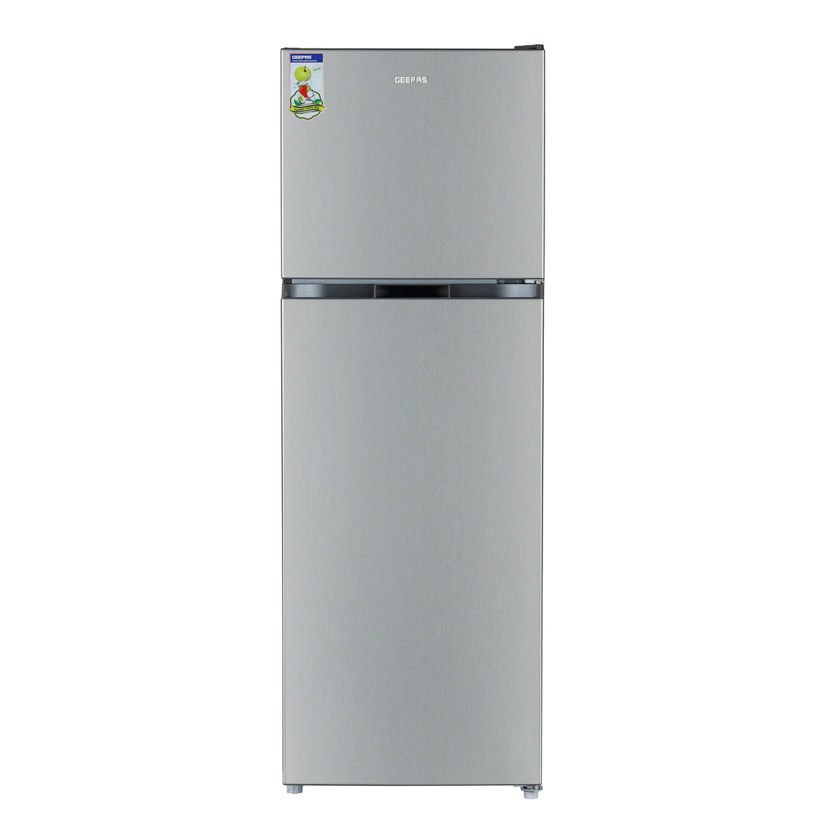 Geepas Double Door No-Frost Refrigerator- GRF4120SSXN-U/ Quick Cooling, Low Noise, Stainless Steel Finish/ Equipped with Recessed Handle, Glass Shelves, Chrome Bottle Holder, Chiller Shelf, Transparent Door Basket/ Silver, 1-Year Warranty