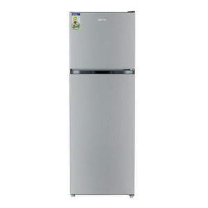 Geepas Double Door No-Frost Refrigerator- GRF4120SSXN-U/ Quick Cooling, Low Noise, Stainless Steel Finish/ Equipped with Recessed Handle, Glass Shelves, Chrome Bottle Holder, Chiller Shelf, Transparent Door Basket/ Silver, 1-Year Warranty