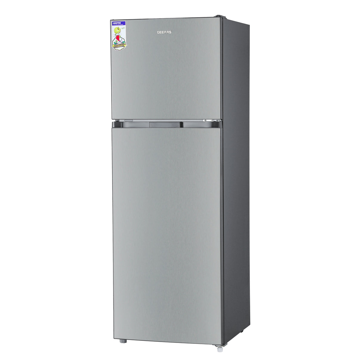 Geepas Double Door No-Frost Refrigerator- GRF4120SSXN-U/ Quick Cooling, Low Noise, Stainless Steel Finish/ Equipped with Recessed Handle, Glass Shelves, Chrome Bottle Holder, Chiller Shelf, Transparent Door Basket/ Silver, 1-Year Warranty