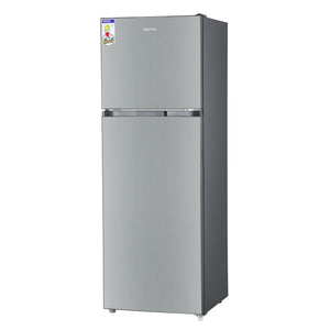 Geepas Double Door No-Frost Refrigerator- GRF4120SSXN-U/ Quick Cooling, Low Noise, Stainless Steel Finish/ Equipped with Recessed Handle, Glass Shelves, Chrome Bottle Holder, Chiller Shelf, Transparent Door Basket/ Silver, 1-Year Warranty