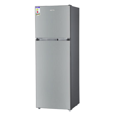 Geepas Double Door No-Frost Refrigerator- GRF4120SSXN-U/ Quick Cooling, Low Noise, Stainless Steel Finish/ Equipped with Recessed Handle, Glass Shelves, Chrome Bottle Holder, Chiller Shelf, Transparent Door Basket/ Silver, 1-Year Warranty
