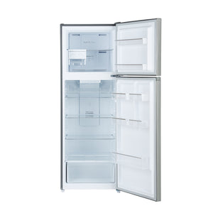 Geepas Double Door No-Frost Refrigerator- GRF4120SSXN-U/ Quick Cooling, Low Noise, Stainless Steel Finish/ Equipped with Recessed Handle, Glass Shelves, Chrome Bottle Holder, Chiller Shelf, Transparent Door Basket/ Silver, 1-Year Warranty