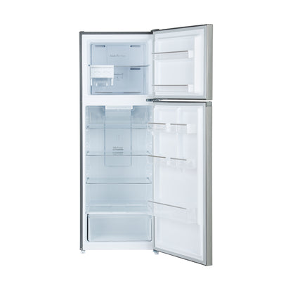 Geepas Double Door No-Frost Refrigerator- GRF4120SSXN-U/ Quick Cooling, Low Noise, Stainless Steel Finish/ Equipped with Recessed Handle, Glass Shelves, Chrome Bottle Holder, Chiller Shelf, Transparent Door Basket/ Silver, 1-Year Warranty