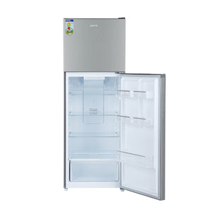 Geepas Double Door No-Frost Refrigerator- GRF4120SSXN-U/ Quick Cooling, Low Noise, Stainless Steel Finish/ Equipped with Recessed Handle, Glass Shelves, Chrome Bottle Holder, Chiller Shelf, Transparent Door Basket/ Silver, 1-Year Warranty