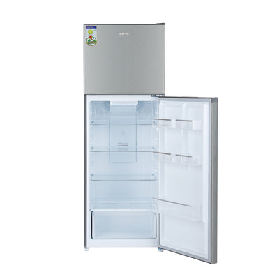 Geepas Double Door No-Frost Refrigerator- GRF4120SSXN-U/ Quick Cooling, Low Noise, Stainless Steel Finish/ Equipped with Recessed Handle, Glass Shelves, Chrome Bottle Holder, Chiller Shelf, Transparent Door Basket/ Silver, 1-Year Warranty