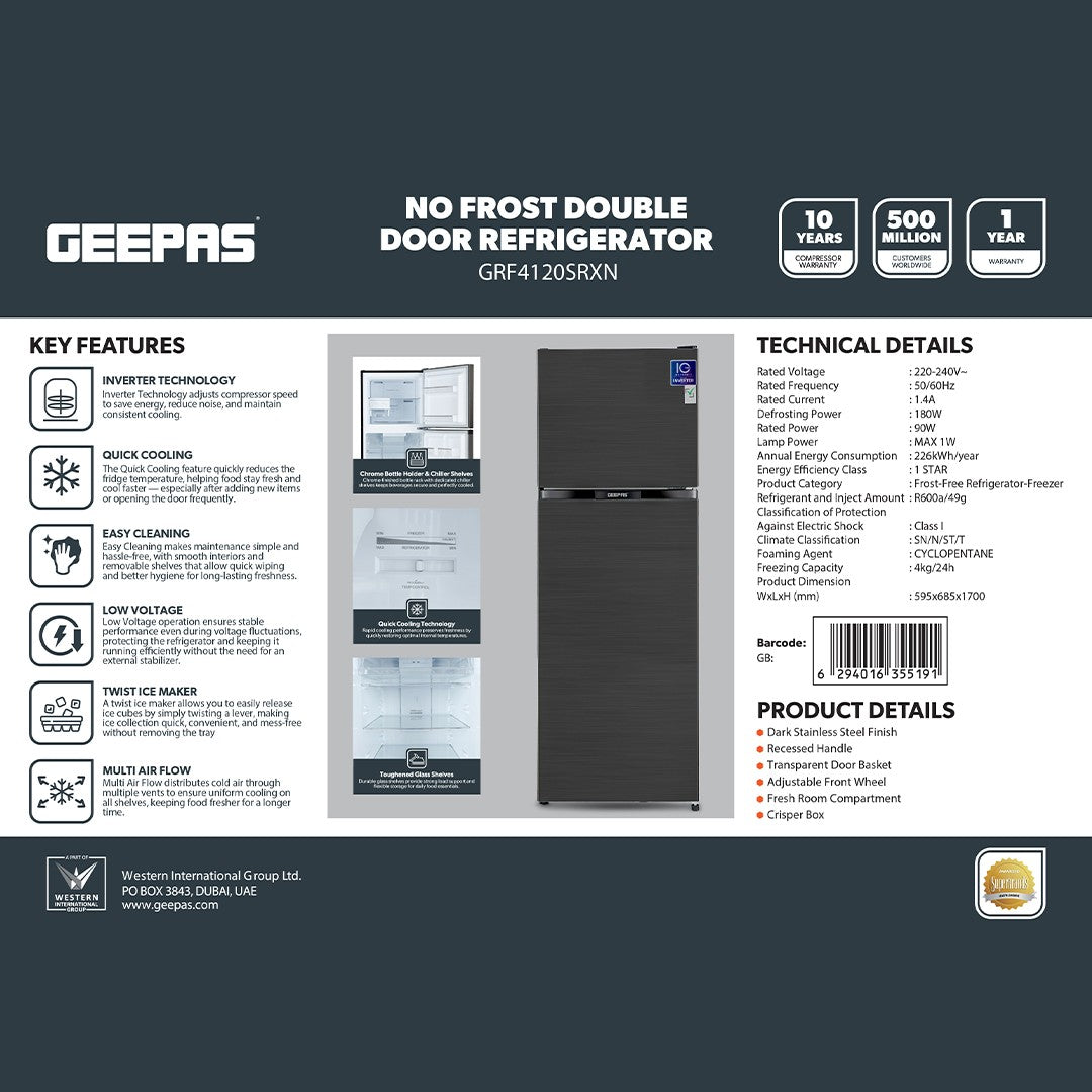 Geepas GRF4120SSXN 410L Double Door No Frost Refrigerator | Dual Temperature Setting| Quick Cooling| Long-Lasting Freshness| Low Noise & Energy Saving| 1 Year Warranty