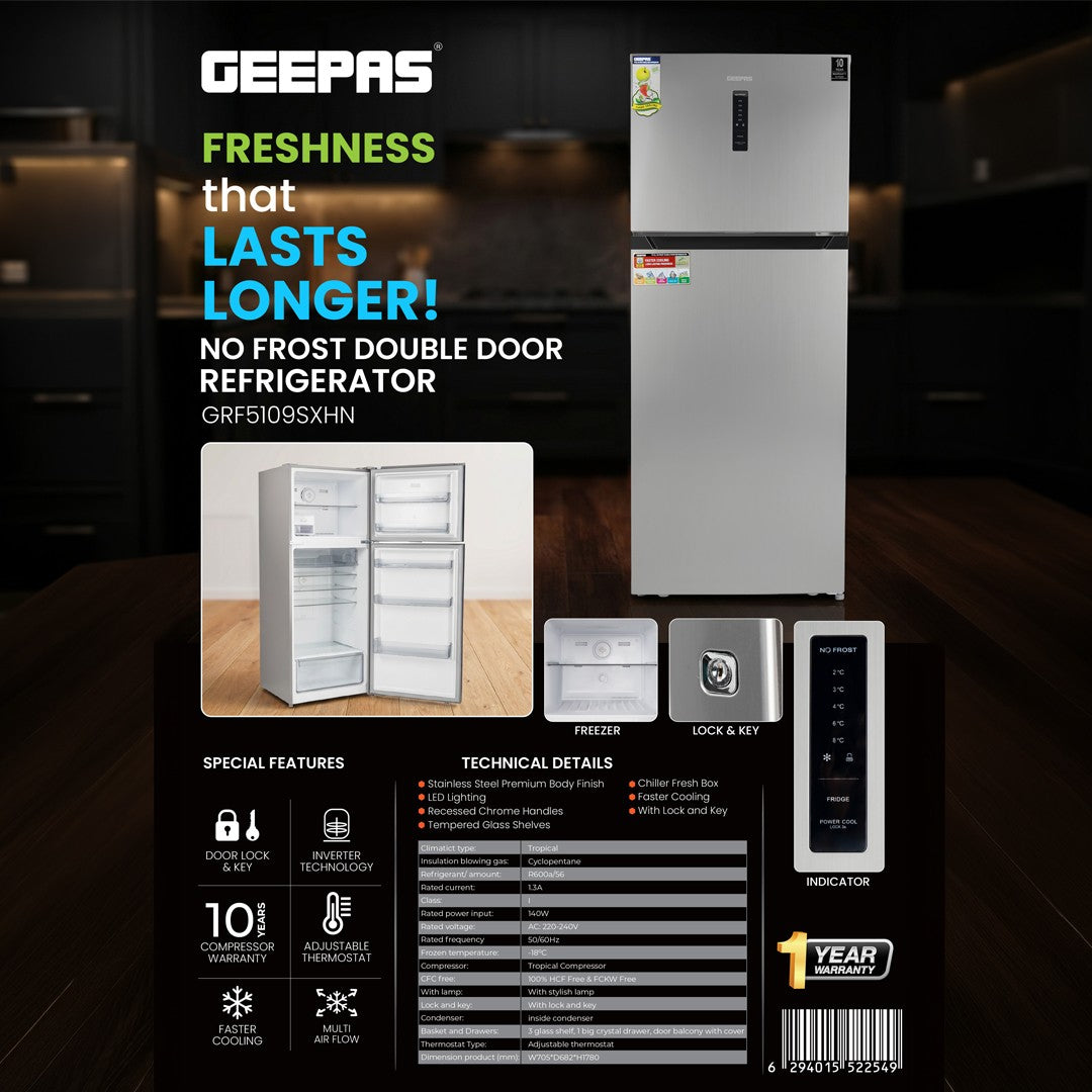 Geepas GRF5109SXHN 500L No Frost Double Door Refrigerator | 420L Net Capacity | Inverter Compressor Technology | Multi Air Flow Cooling |Digital LED Touch Control Panel