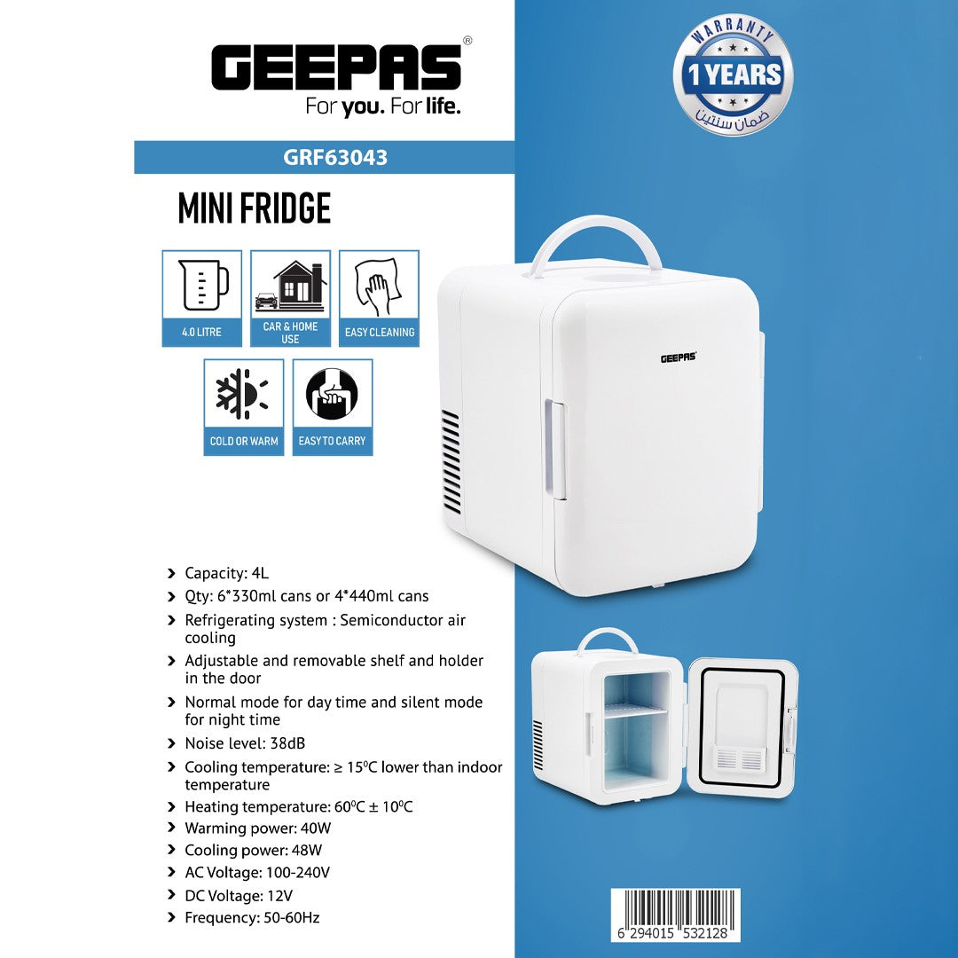 Geepas GRF63043 4L Mini Fridge | Portable Car & Home Refrigerator |Cool & Warm Function | Semiconductor air cooling technology |Door storage holder |Low operating noise