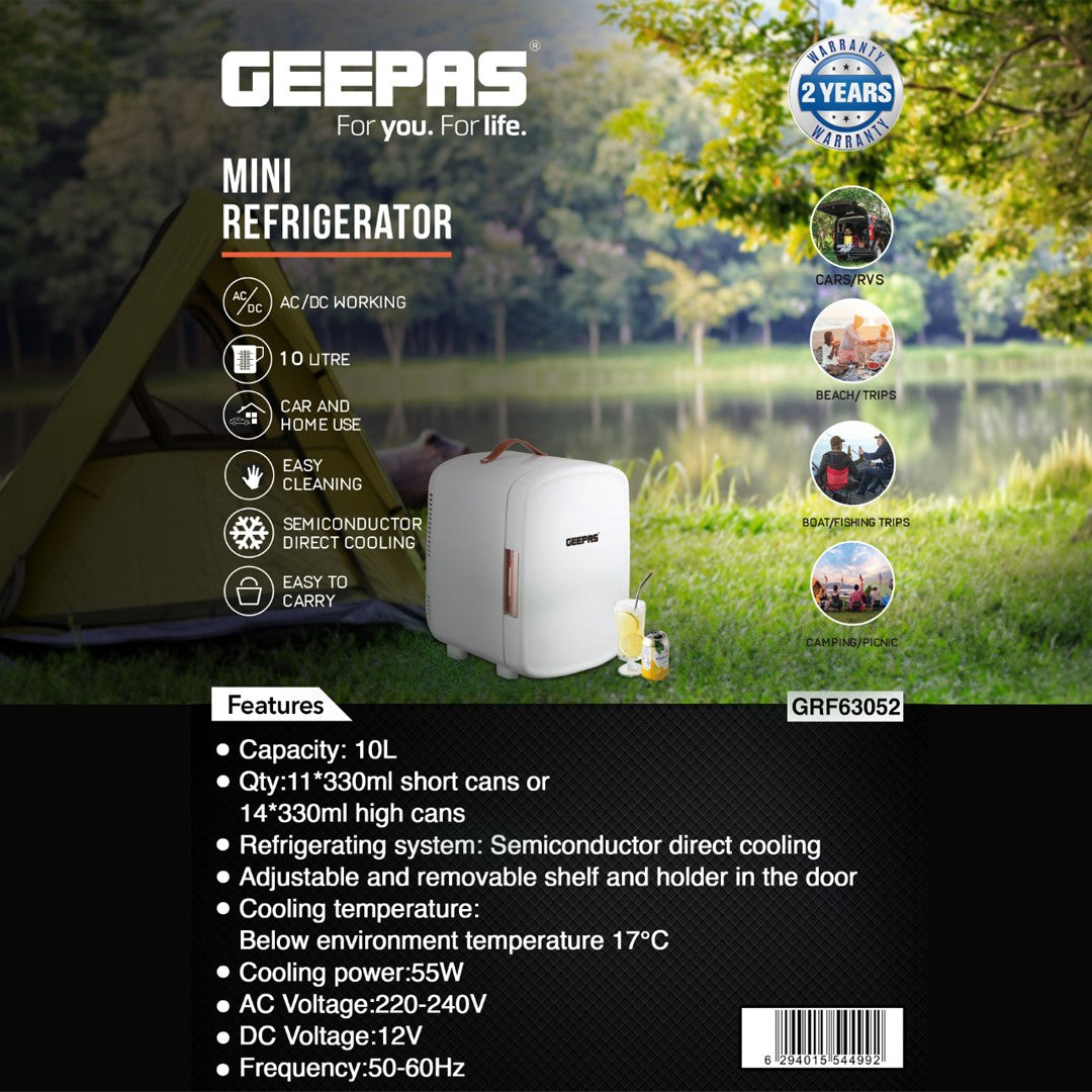 Geepas 10 L Mini Refrigerator- GRF63052| Semiconductor Direct Cooling, AC/DC Working| Easy to Carry, Perfect for Camping, Picnic, Trips, Boating| White, 2 Years Warranty