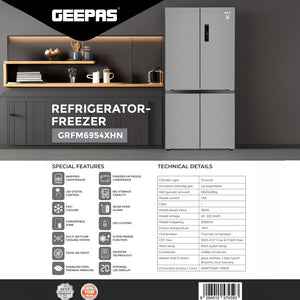 Geepas Side by Side Refrigerator Freezer- GRFM6954XHN/ Multi-Airflow with Interior Light and Unbreakable Glass Shelves/ Large Space and Inverter Compressor with Smart Cooling