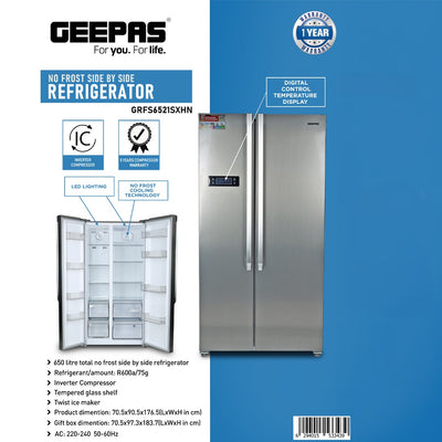 Geepas GRFS6521SXHN Side by Side Refrigerator|650L No Frost Inverter Fridge |Digital temperature control display |tempered glass shelves |Twist ice maker |1-Year Warranty
