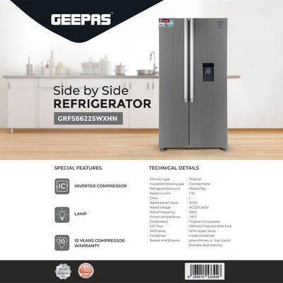 Geepas GRFS6622SWXHN Side by Side Refrigerator | 700L Gross Capacity | Inverter Compressor | Inverter Compressor |4 crystal drawers |R600a refrigerant | 1-Year Warranty