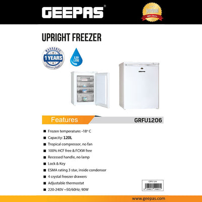 Geepas GRFU1206 Upright Freezer | 120L Capacity| -18°C Cooling| Tropical Compressor | 4 Crystal Drawers | Adjustable Thermostat|  3-Star ESMA Rating | 1-Year Warranty