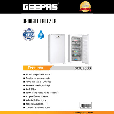 Geepas GRFU2006 Upright Freezer | 200L Capacity| -18°C Cooling| Tropical Compressor | 6 Crystal Drawers| Adjustable Thermostat|  3-Star ESMA Rating | 1-Year Warranty