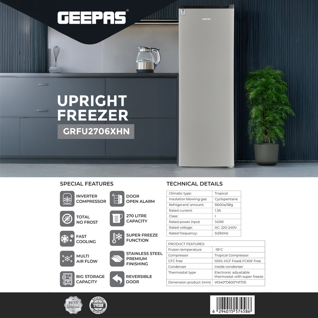 Geepas Upright Freezer 270L -GRFU2706XHN | No Frost Technology, Energy-Efficient Inverter Compressor, Spacious Storage, Stainless Steel Finish for Modern Kitchens