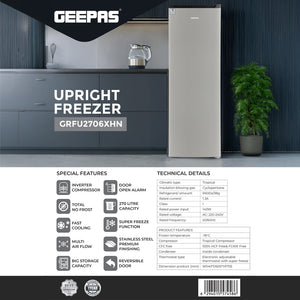 Geepas Upright Freezer 270L -GRFU2706XHN | No Frost Technology, Energy-Efficient Inverter Compressor, Spacious Storage, Stainless Steel Finish for Modern Kitchens