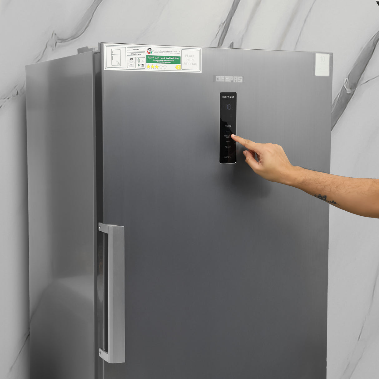 Geepas GRFU5125XHN 500L No Frost Convertible Upright Freezer with inverter compressor, LED display. Perfect for large storage needs with energy-efficient performance