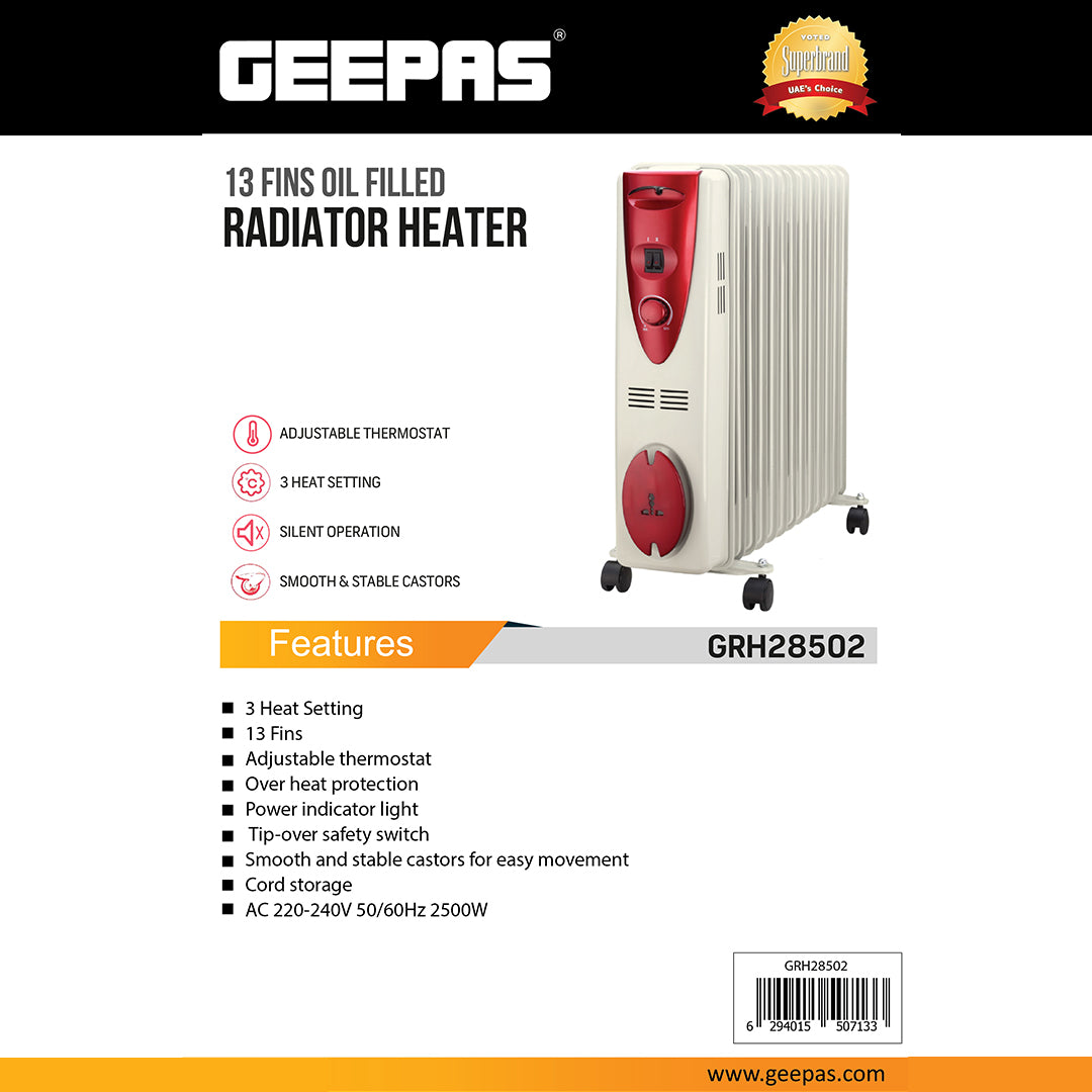 Geepas GRH28502 13 Fins Oil Filled Radiator Heater | 2500W |  Adjustable Thermostat & 3 Heat Settings | Silent Operation |Overheat Protection |Smooth Castor Wheels