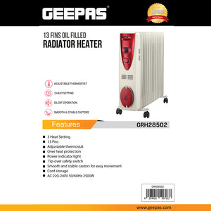 Geepas GRH28502 13 Fins Oil Filled Radiator Heater | 2500W |  Adjustable Thermostat & 3 Heat Settings | Silent Operation |Overheat Protection |Smooth Castor Wheels