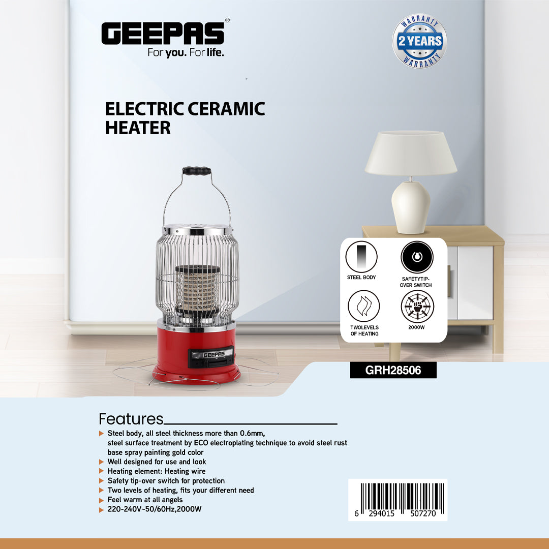 Geepas Ceramic Heater- GRH28506/ High Performance with 2000 W Power/ Safety Tip-Over Switch and Two-Levels of Heating/ Portable with a Carry Handle/ Red, 2 Years Warranty
