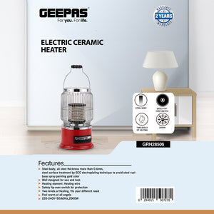 Geepas Ceramic Heater- GRH28506/ High Performance with 2000 W Power/ Safety Tip-Over Switch and Two-Levels of Heating/ Portable with a Carry Handle/ Red, 2 Years Warranty
