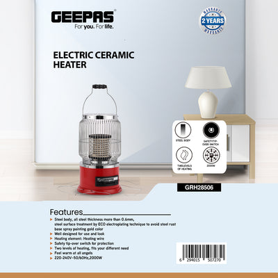 Geepas Ceramic Heater- GRH28506/ High Performance with 2000 W Power/ Safety Tip-Over Switch and Two-Levels of Heating/ Portable with a Carry Handle/ Red, 2 Years Warranty