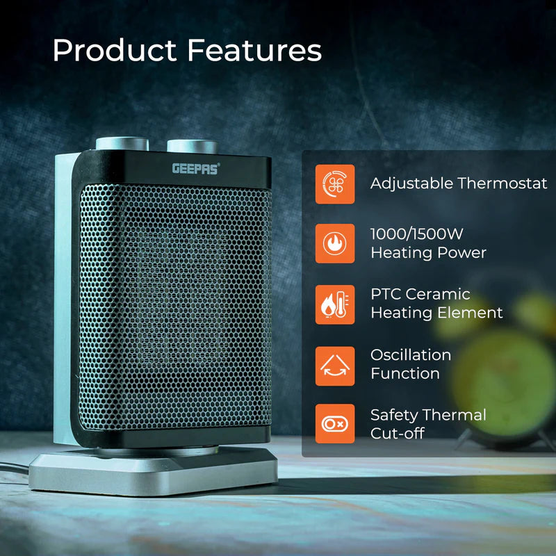 Geepas GRH28529 1500W PTC Fan Heater |Ceramic Heating Element| 2 Heat Settings 1000W/1500W| Adjustable Thermostat| Oscillation Function| Tip-Over Switch| 2 Years Warranty