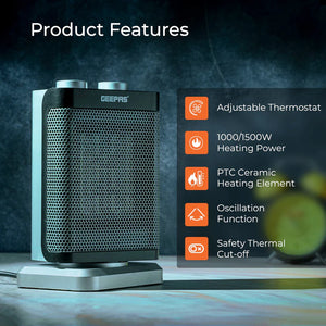 Geepas GRH28529 1500W PTC Fan Heater |Ceramic Heating Element| 2 Heat Settings 1000W/1500W| Adjustable Thermostat| Oscillation Function| Tip-Over Switch| 2 Years Warranty