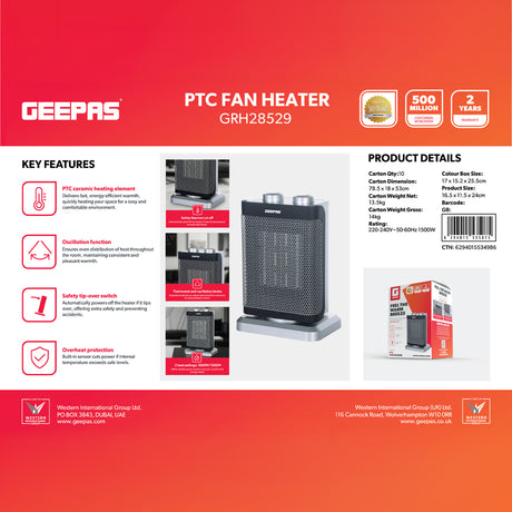 Geepas GRH28529 PTC Fan Heater | 1500W | Ceramic Oscillating Room Heater | 2 Heat Settings | Adjustable Thermostat | Automatic Thermal Cut-Off  | Overheat Protection