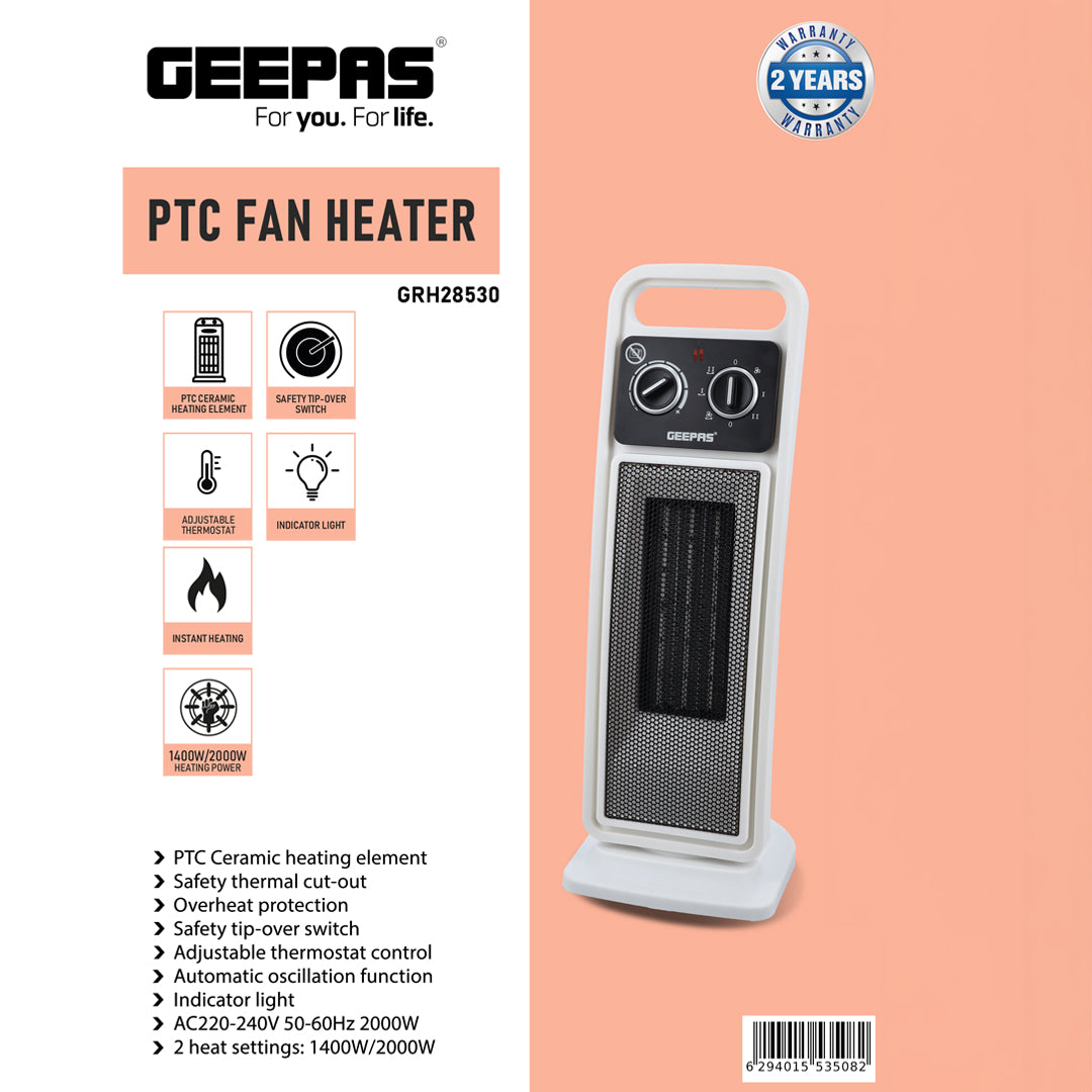 Geepas PTC Fan Heater GRH28530 | 2000W Ceramic Heater with Adjustable Thermostat & Safety Tip-Over Switch | Fast Heating | Overheat Protection |  2 Years Warranty