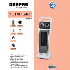 Geepas PTC Fan Heater GRH28530 | 2000W Ceramic Heater with Adjustable Thermostat & Safety Tip-Over Switch | Fast Heating | Overheat Protection |  2 Years Warranty