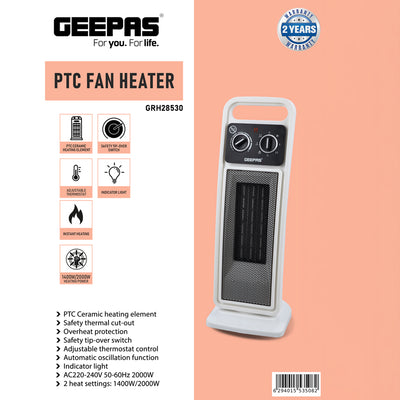 Geepas PTC Fan Heater GRH28530 | 2000W Ceramic Heater with Adjustable Thermostat & Safety Tip-Over Switch | Fast Heating | Overheat Protection |  2 Years Warranty