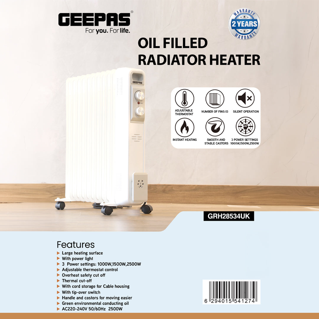 Geepas GRH28534UK 2500W Oil Filled Radiator Heater | 13 Fins| 3 Heat Settings| Adjustable Thermostat| Silent Operation| Overheat & Thermal Safety | 2 Years Warranty