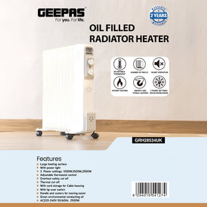 Geepas GRH28534UK 2500W Oil Filled Radiator Heater | 13 Fins| 3 Heat Settings| Adjustable Thermostat| Silent Operation| Overheat & Thermal Safety | 2 Years Warranty