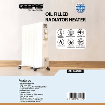 Geepas GRH28534UK 2500W Oil Filled Radiator Heater | 13 Fins| 3 Heat Settings| Adjustable Thermostat| Silent Operation| Overheat & Thermal Safety | 2 Years Warranty