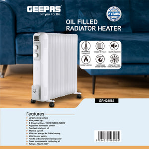 Geepas GRH28562 Oil Filled Radiator Heater| 13 Fins| 1100W/1500W/2600W Adjustable Thermostat| Thermal Cut-Off| Silent Operation & Safety Tip-Over Switch| 2 Years Warranty