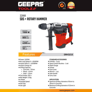 Geepas GRH3215 1500W 32mm SDS+ Rotary Hammer Drill | 4-Mode Heavy Duty Rotary Hammer | 4 operating mode | Variable speed control | Ergonomic soft-grip handle | Durable