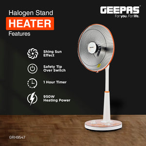 Geepas Halogen Stand Heater GRH9547 | 950W Powerful Heating with Adjustable Height  | 1-Hour Timer & Safety Tip-Over Switch | Energy Efficient  | 2 Years Warranty