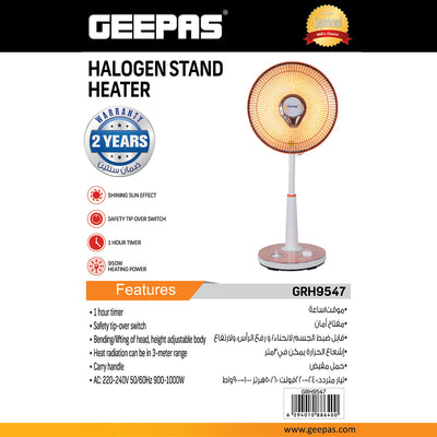 Geepas Halogen Stand Heater GRH9547 | 950W Powerful Heating with Adjustable Height  | 1-Hour Timer & Safety Tip-Over Switch | Energy Efficient  | 2 Years Warranty