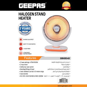 Geepas GRH9548 Halogen Stand Heater | 2 Heat Settings 475W/950W | 1-Hour Timer | Adjustable Head | Safety Tip-Over Switch | Portable & Lightweight | 2 Years Warranty