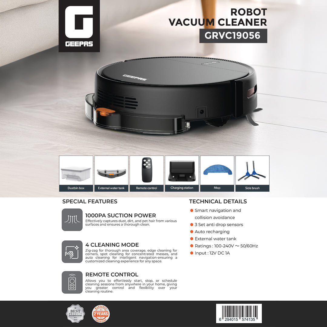 Geepas GRVC19056 Robot Vacuum Cleaner | 1000Pa Suction Power, Smart Navigation| Auto Recharge| Remote Control| 4 Cleaning Modes & External Water Tank | 2 Years Warranty