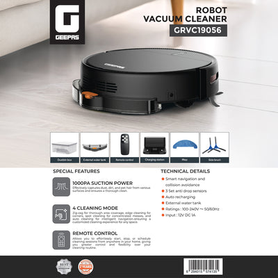 Geepas GRVC19056 Robot Vacuum Cleaner | 1000Pa Suction Power, Smart Navigation| Auto Recharge| Remote Control| 4 Cleaning Modes & External Water Tank | 2 Years Warranty