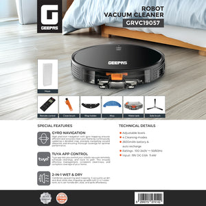 Geepas GRVC19057 Robot Vacuum Cleaner | Gyro Navigation, Tuya App Control| 2-in-1 Wet & Dry Cleaning| Auto Recharge| 4 Cleaning Modes| Adjustable Levels| 2 Years Warranty