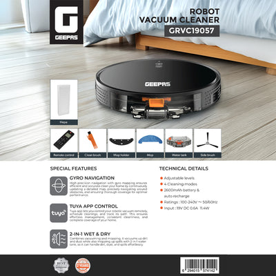 Geepas GRVC19057 Robot Vacuum Cleaner | Gyro Navigation, Tuya App Control| 2-in-1 Wet & Dry Cleaning| Auto Recharge| 4 Cleaning Modes| Adjustable Levels| 2 Years Warranty