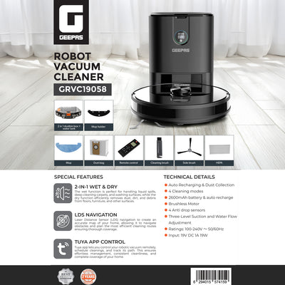 Geepas GRVC19058 Robot Vacuum Cleaner | LDS Navigation| Tuya App Control| Auto Recharging & Dust Collection| 2-in-1 Wet & Dry|  4 Cleaning Modes| 2 Years Warranty