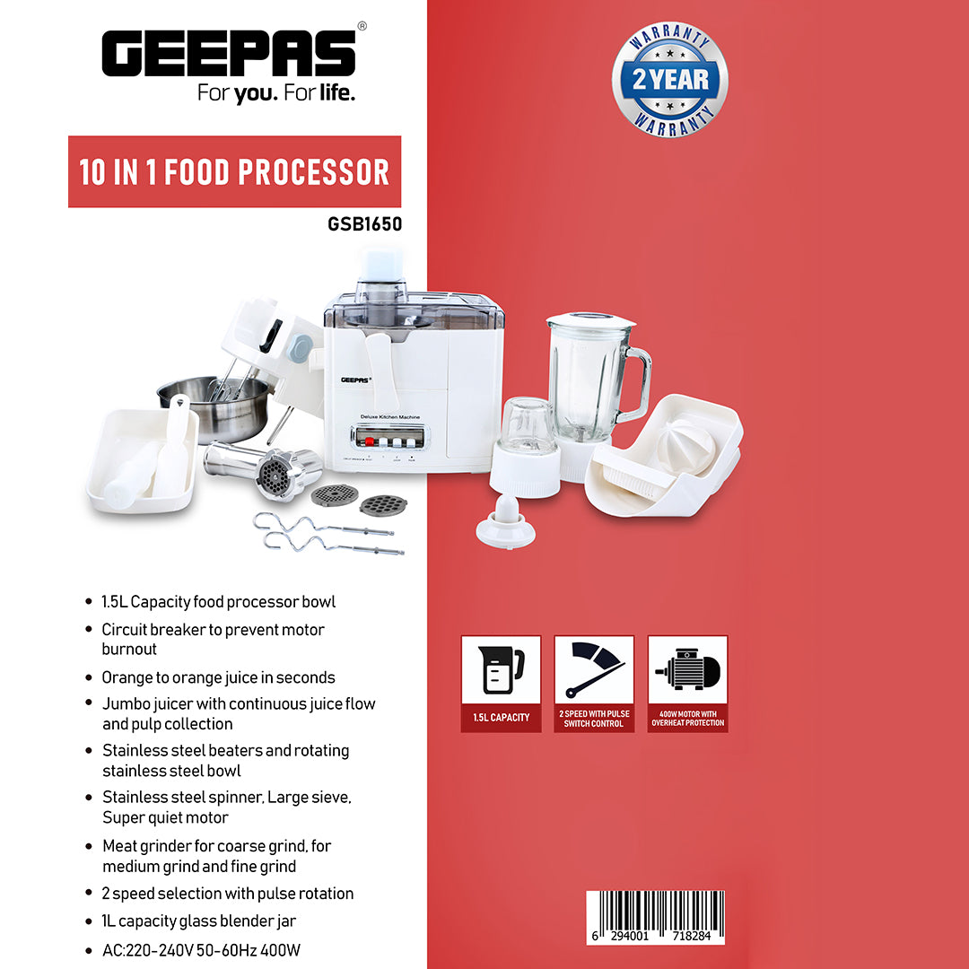 Geepas GSB1650 10-in-1 Food Processor & Juicer | 400W Multi-Functional Blender, Smoothie Maker, Chopper & Grinder | 1.5L Jar, 2-Speed Pulse, Ice Crusher, 2 Years Warranty