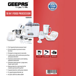 Geepas GSB1650 10-in-1 Food Processor & Juicer | 400W Multi-Functional Blender, Smoothie Maker, Chopper & Grinder | 1.5L Jar, 2-Speed Pulse, Ice Crusher, 2 Years Warranty