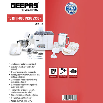 Geepas GSB1650 10-in-1 Food Processor & Juicer | 400W Multi-Functional Blender, Smoothie Maker, Chopper & Grinder | 1.5L Jar, 2-Speed Pulse, Ice Crusher, 2 Years Warranty